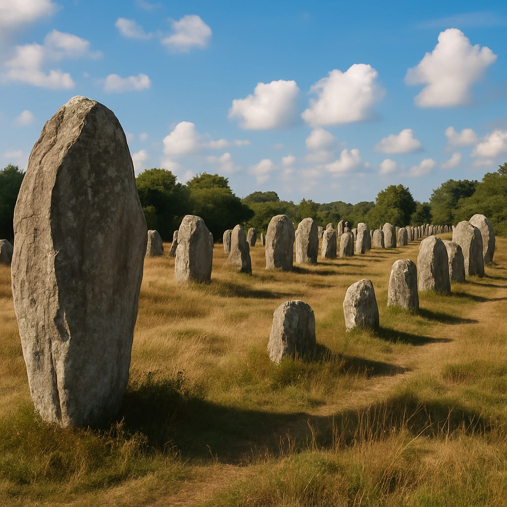 photo des alignements du Ménec à Carnac au coucher du soleil. Des arbres verdoyants sont visibles en fond.