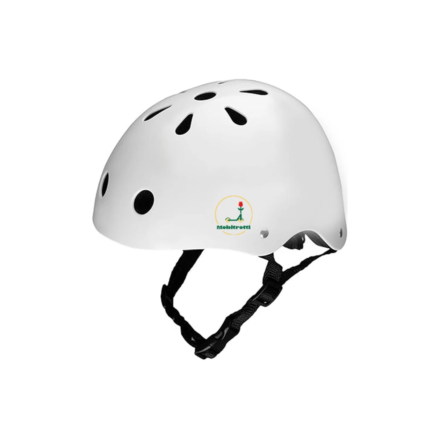 Casque de vélo blanc vu de profil. Logo Morbitrotti sur le casque.