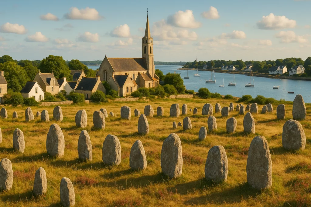 paysage de Carnac qui représente des menhir et une église au bord de la mer