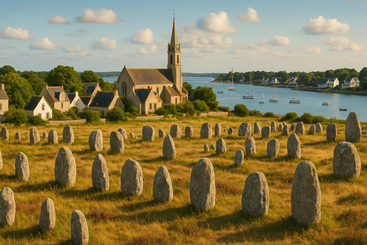 paysage de Carnac qui représente des menhir et une église au bord de la mer