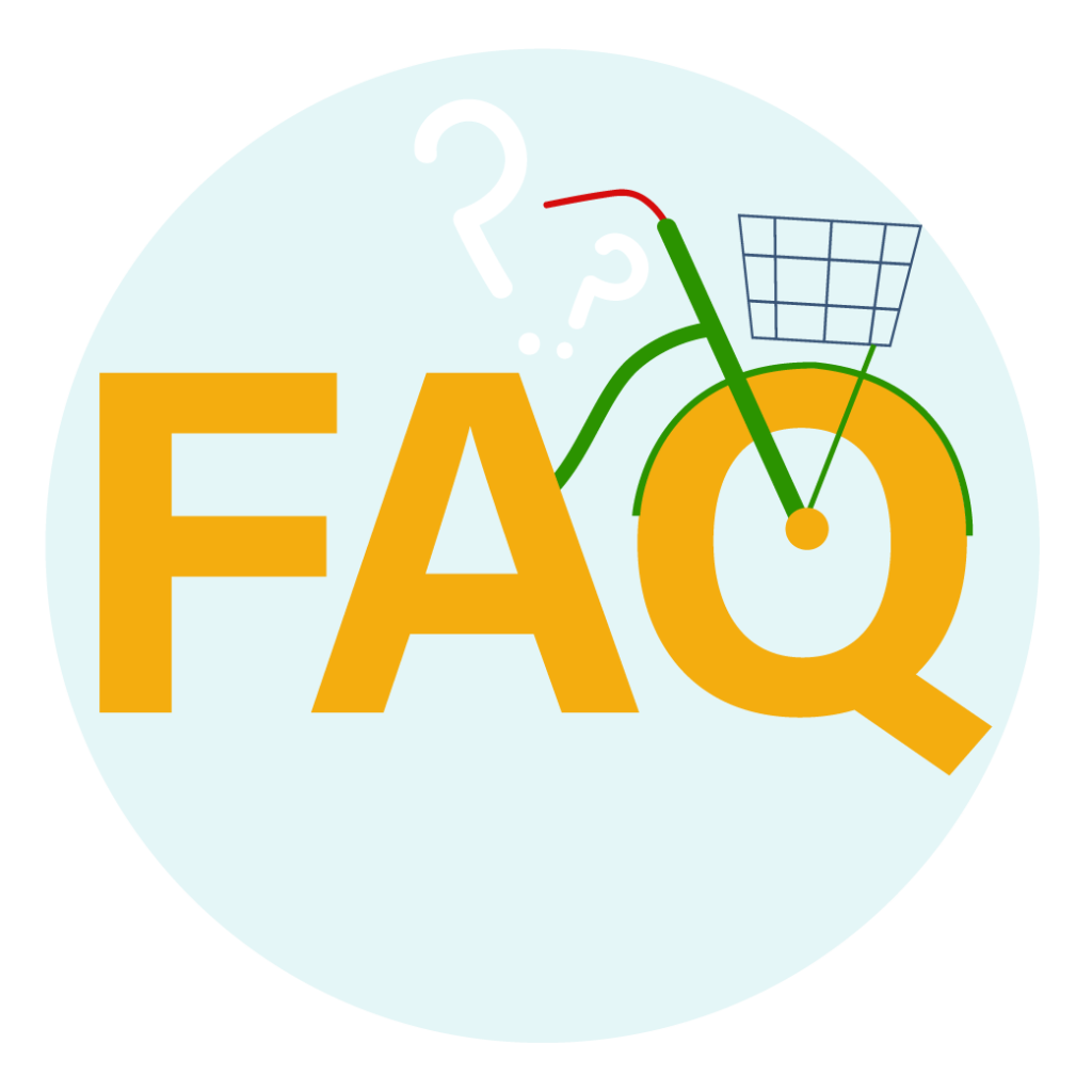 Logo fond bleu Foire aux questions, une roue de vélo créer le Q.