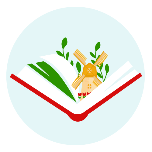 logo livre ouvert coloré où sortent du livre un moulin, des tulipes et des plantes